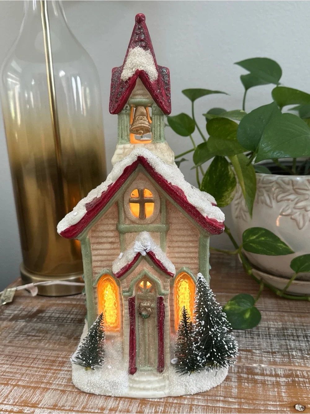 Vintage Ceramic Lighted Christmas Church Building Red Roof with Snow Trees